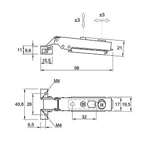 Zawias Clip-On,  95°,  do profilu aluminiowego,  nakładany,  z liniową płytką montażową,  czarny mat,  3D,  Muller Profi Line