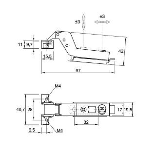 Zawias Clip-On,  95°,  do profilu aluminiowego,  wewnętrzny,  z liniową płytką montażową,  czarny mat,  3D,  Muller Profi Line